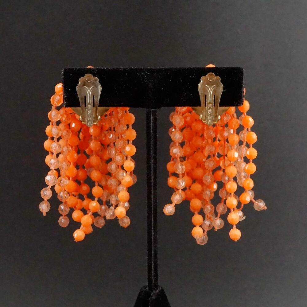 Vintage Cha Cha Clip-On Beaded Waterfall Earrings Orange Acrylic Retro - Picture 3 of 4